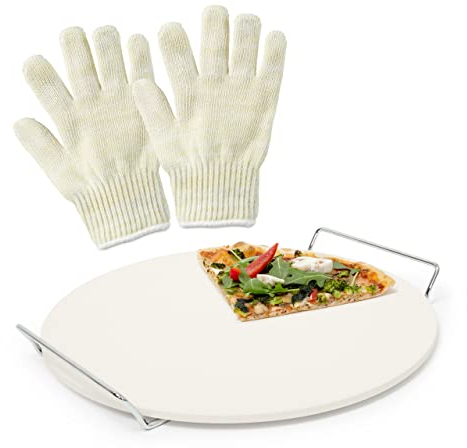 Relaxdays 3 teiliges Pizza-Set, Pizzastein aus Cordierit, für Backofen und Grill, 2 Grillhandschuhe aus Aramid, beige