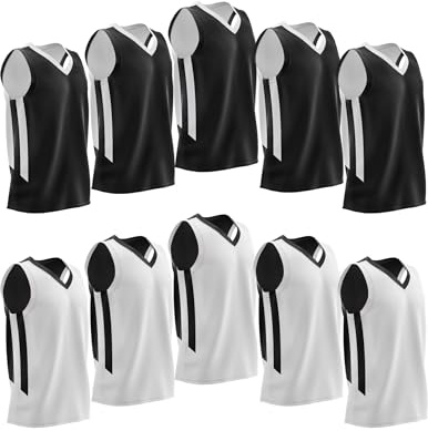 [10 Pack] Reversible Mens Mesh Performance Athletic Basketball Jerseys - Adult Team Sports Bulk (Black/White), Large, XL, XXL, Black/White