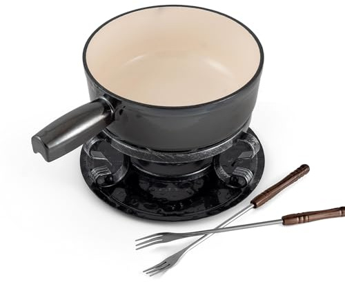 Swissmar Lugano Cast Iron Cheese Fondue Set, 9-Piece, 2 QT / 2 L - Ideal for Melting Cheese, Chocolates, Caramel, & More - Perfect for Kitchen Collection & Gift Giving - Metallic Black