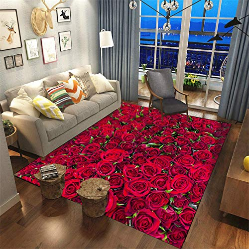 YXISHOME Teppich für Wohnzimmer, Schlafzimmer, sehr weich, waschbar, Romantisches Rosenmuster, Rot, 1.2x1.6m