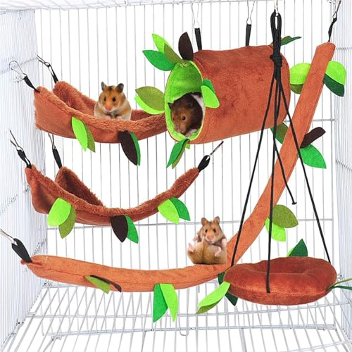 Hamiledyi 5PCS Hamster Hammock Sugar Glider Hammock Set Sugar Glider Cage Accessories Toys Small Animals Hanging Bed Hideout Tunnel Swing Rodent Iqammocking for Small Hamster Rat Gerbil