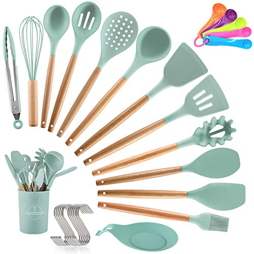 TOPSEAS Utensili Cucina Set, 14 Pezzi, Manico in Legno Duro, Silicone Termoresistenti, Professionali, Resistente al Calore e Antiaderente
