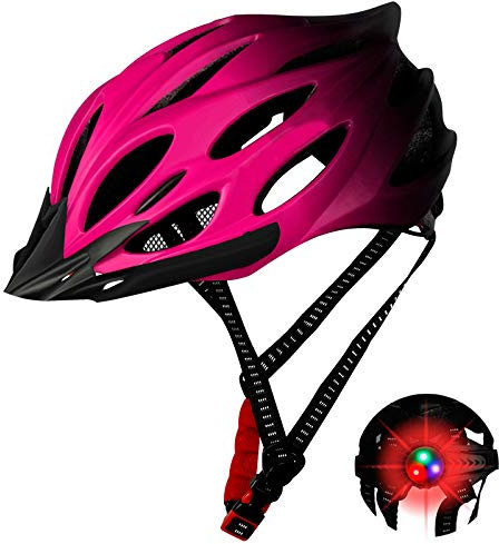 Lelesta Casco da bicicletta di sicurezza in polistirene + copertura in policarbonato, Casco da Bici Regolabile con fanale posteriore per MTB, casco da bici da corsa, integrale (Rosa sfumato)