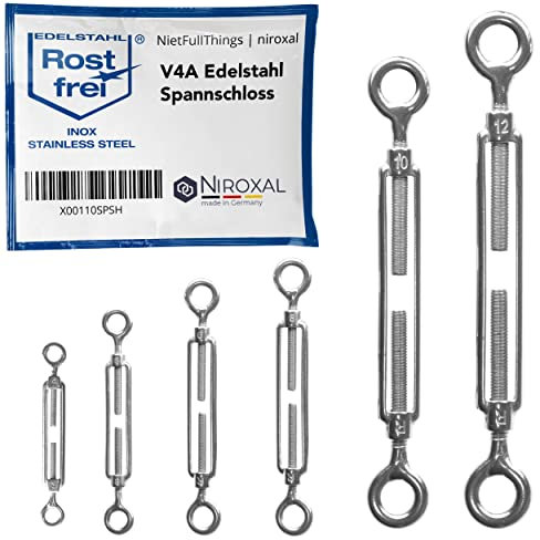 1 tensor de acero inoxidable con dos ojales, acero inoxidable V4A según DIN 1480 1478, tensor de cuerda, ojal, tornillo tensor M 4 mm