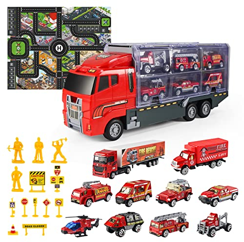 Hapavis Feuerwehrauto Spielzeug für Jungen 26 in 1 Carrier Truck Set mit Spielmatte für Kinder Jungen Kinder 3 4 5 6 Jahre alt