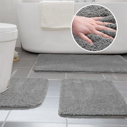 Ceneco Bath Mat Sets 3 Piece Non-slip Microfiber Bathroom Washable Water Absorbent Toilet Mat, Extra Soft Bath Rug, Bathtub Rug(Grey，50 * 80+50 * 60+U40*50 cm)