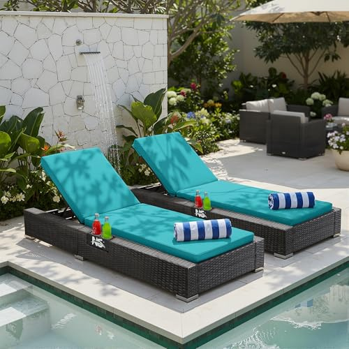 NICESOUL Patio Chaise Lounge Chairs for Outdoor, 2Pcs Adjustable 5-Position Wicker Recliner with Cushions, Ratten Oversized Heavy-Duty 500Lbs Pool Lounger for Garden, Deck, Beach, Backyard, Teal