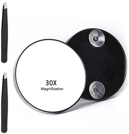 30X Magnifying Mirror, 3.5 inches Magnifying Mirror with Suction Cup and 2Pcs Tweezers, Black Portable Magnifier Makeup Mirror for Travel, Bathroom, Makeup, Shaving, Eyebrows