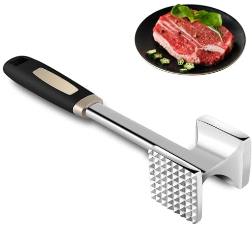 Gowkeey Attendrisseur de Viande, Marteau à Steak, Marteau à Double Face, Marteau à Viande, Marteau à attendrir avec Manche Antidérapant pour Attendrir la Viande, Steak, Poulet, Argenté, Côtelettes