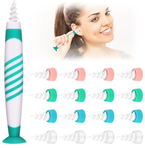 Ohrenschmalz Entferner, Ohrenreiniger Q-grips,Verbesserte Version Ohrreiniger für Erwachsene und Kinder,360° Spirale Silikon Ohrreiniger Ohrenschmalz Entferner Sauger mit 16 Ersatzköpfe Cleaner