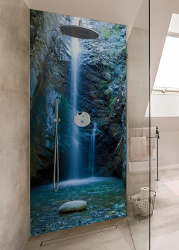 Wallario Selbstklebende Duschrückwand 90 x 200 cm mit Motiv Wasserfall bei Sonneneinfall - Wandverkleidung Fließenersatz mit Hochglanzlaminat in Glasoptik