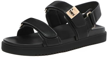 Rihero Women's Flat Sandals Comfort Adjustable Double Strap Slip on Leather Footbed Black Sandals with Back Strap Size 9