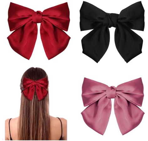 GWAWG 3PCS Bow Hair Clip，Hair Bows Barrettes Solid Color,Soft Satin Silky Hair Bows for Women Girls(Black, Red, and Pink)