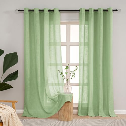 L.Z.E Leinenoptik Gardinen Vorhänge für Wohnzimmer, Halbtransparent Ösenvorhänge für Schlafzimmer, Grün Ösen Stores 2er Set Curtains & Drapes, Modern & Landeshausstil 245 cm Hoch (LZE2206SA245)