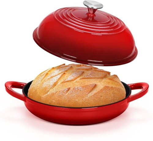 TeamFar Cast Iron Bread Dutch Oven, 6 Qt Enameled Dutch Oven Pot for Sourdough Bread Baking, with Tall Dome Lid & Round Base Pan, Self-Basting & Even-Heating, Heavy-Duty & Non-stick, Red