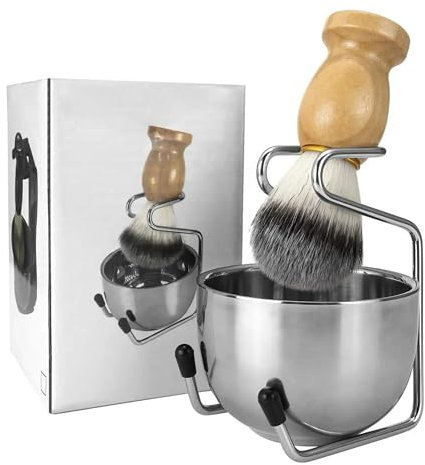 Shaving Set for Men contains Shaving Brush, Shaving Stand & Shaving Bowl for Salon, Barber, Home and Travelling- Shaving Kit Gift for Him, Husband, Boyfriend, Father (Wooden)
