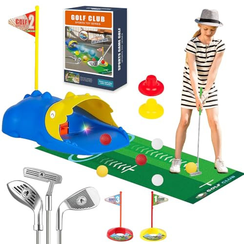 KUWUNG Kids Golf Set, Golf Chipping Game with Retractable Golf Clubs, Automatic Ball Returner, Led Light Up Night Golf Balls, Golf Putting Mat and Golf Holes, Indoor Outdoor Golf Games for Boys Girls
