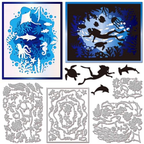 GLOBLELAND Unterwasserwelt Metall Stanzschablone Fisch Und Korallen Papierpräge Stanzschablonen Set Mehrschichtige Tauch Silhouette Stanzformen für Kartenherstellung DIY Papier Scrapbooking