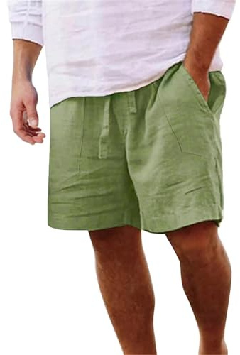 Yageshark Pantalones cortos de lino para hombre de verano, ligeros, aireados, monocolor, de ajuste holgado, de ocio, pantalones cortos, verde claro, XL