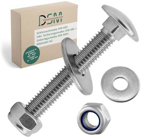 DSM – Låsskruvar M10 x 60 mm enligt DIN 603 – M10 säkerhetsmutter DIN 985 & bricka DIN 9021 – rostfritt stål A2/V2A – platt huvudskruvar med fyrkantsfäste – stoppmuttrar – 50 stycken