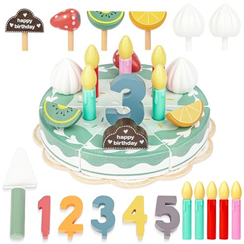 Ainiv Accessoire Cuisine Enfant, Jouet Dinêtte Enfant, Gâteau d'anniversaire en Bois, Jeux de Rôle, Jouets de Découpe de Gâteau d'anniversaire avec Bougies Amovibles, pour Enfants de 3 4 5 6 Ans