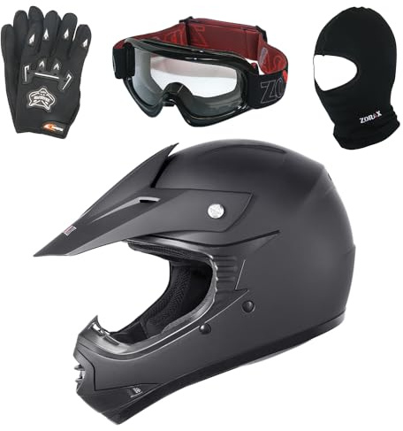 Zorax ZOR-X15 Matte Black XL (55-56cm) Kids Children Motocross Motorbike Helmet ECE 2206 & Gloves XL(8cm) & Goggles & Balaclava - Youth Junior Dirt Bike Off Road Motorcycle Crash Helmet
