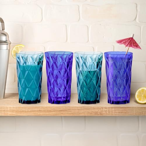 Garden Mile 600ml Hard Plastic Glasses Tumblers for Adults Kids Beakers Large Colored Blue Plastic Drinking Glasses Set of 4 Unbreakable Plastic Pint Glasses Reusable for Camping Picnic Party Hot Tub