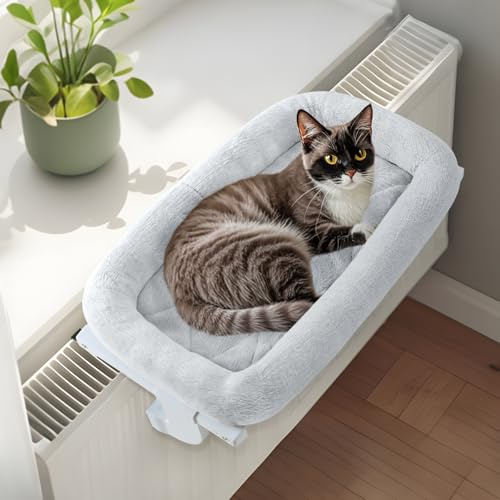 GUUSII HOME Kattfönstersäng Radiatorhängmatta Kattungesittpinne Justerbar Ingen borrning inomhuskatter Sladdlös Hängande Kattfönsterbädd Fäst vid sängkanten Maskintvättbar Håll upp till 18 kg (Grå, L)