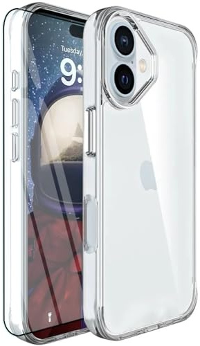 MIMGOAL För iPhone 17, 6,3 tum, transparent skyddsfodral med pansarglas, fullt kameraskydd, gulnar inte, stötsäkert telefonfodral, militärstandard