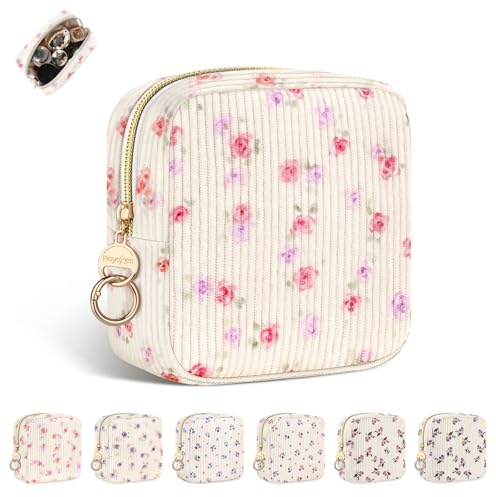 Petite Trousse Maquillage Femme Mini Trousse de Toilette Fille Voyage en Velours Côtelé Petit Pochette Maquillages Multifonctionnel Sac Rangement à Cosmétiques Cadeau Anniversaire Noël(Rose-Rosa)