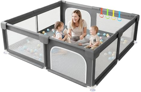 KAVELLIN Parque Infantil Bebé, 180x200cm Corralito Bebe, Parque de Juegos Bebe con Malla Transpirable, Parque de Bebe Plegable + 50 Bolas +4 Pull Rings+ Bolsas de Transporte