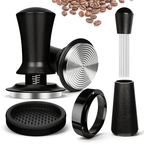 DBAILY Tamper de café de 51 mm con herramienta WDT, juego profesional para portafiltros, incluye prensador de fondo estriado, herramienta WDT de 12 agujas (0,4 mm), anillo dosificador magnético y