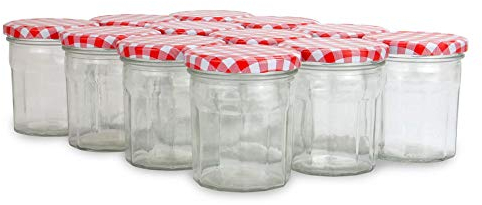 Glass Jam Jars | Set of 12 | Wide Mouth 324ml Glass Preserve Pots | Screw Top Red Gingham Lids | Airtight Pickle Jars | Homemade Jam, Marmalade & Chutney Jar | M&W
