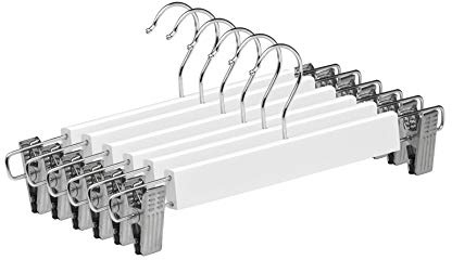 TODO HOGAR Percha Madera Maciza para Faldas, Pantalones y Vaqueros, Color Blanco con Clips Ajustables Anticorrosión y Gancho Giratorio Pack de 12