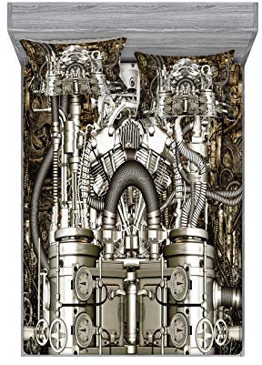 ABAKUHAUS Modern Buntes Spannbetttuch- und Kissen-Set, Bike Motor Cars Foto, Dekoratives und Bedrucktes 3-teiliges Bettwäscheset, 150 cm x 200 cm, Grau und Dunkelbraun