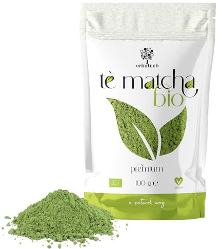 ERBOTECH Tè Matcha BIO, The Verde Giapponese Biologico in Polvere, Busta da 100g, Multivitaminico Naturale al 100%, Vegan. Ideale per Dolci, Frullati, Tè freddo