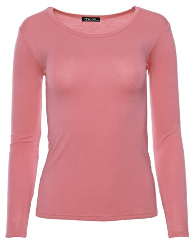 Easy Young Fashion - Damen Basic Rundhals Shirt - Langarm Unterziehshirt - Skinny Fit 1093 - Pfirsichrosa S