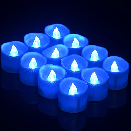 PChero Velas de té LED con temporizador, 12 piezas Batería incluida Velas Sin llama Parpadeo Tealight para cumpleaños Boda Fiesta Fecha Decoración del hogar - Azul