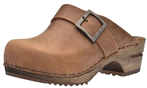 Sanita Urban Offener Clog | Original handgemacht | Leder-Holzclogs für Damen | Braun | EU 39