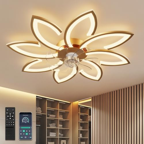 90 cm Lampadario Ventilatore da Soffitto Con Telecomando Led Dimmerabile Pale da Soffitto Design DC Plafoniera Fiore Led Reversibile 6 Velocità Lampadari a Ventola per Camera da Letto Cucina,Oro