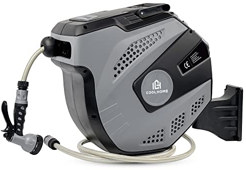 CoolHome Schlauchtrommel 35 Meter + 2 Meter - Wandschlauchbox mit automatische Aufrollung- Schlauchhalter 180° drehbar - Schwarz - Grau