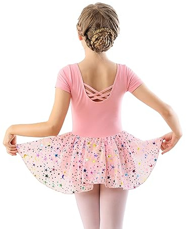 DANSHOW Balettkläder för barn, flickor, dansklänningar, flickor, kortärmad balettrikå, balettdräkt, dansklänning med chiffongkjol, Rosa kortärmad, 10 år