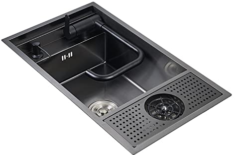 Arbeitsplatz-Küche, Zuhause, Wasserfall-Spüle, schwarzes Drop-in-Küchenspülbecken, verstecktes Einzelbecken aus Edelstahl, Unterbau-Waschbecken, mit Wasserhahn, Kombi-Becherspüler für Kaffee