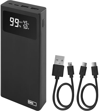 EMOS Powerbank BetaQ 20000mAh, 22,5 W Quick-Charge externer Akku/Ladegerät mit Passthrough und Display, 3X Output + 2X Input, inkl. Datenkabel USB/USB-C, Auto ON/Off, schwarz