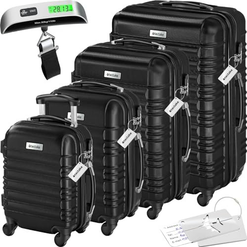 tectake® Juego de 4 Maletas Rígidas en ABS, con Báscula y Etiquetas de Equipaje, Set de Maletas de Viaje con Ruedas de 360º y Asa Telescópica, Cerradura de Combinación, Apilables Entre sí - Negro
