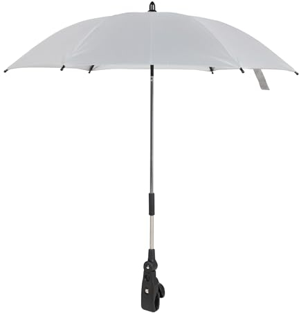babycab Universal Sonnenschirm für Kinderwagen grau - 180° Drehgelenk flexibel einstellbar - Befestigung mit Universal-Klemme (Ø 15-30 mm) - Ø Schirm ca. 75 cm, Länge inkl. Halterung ca. 80 cm