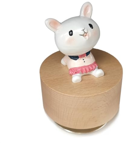 falado Mini caja de música giratoria de madera con bonito adorno de conejo (melodía: Edelweiss), blanco y beige