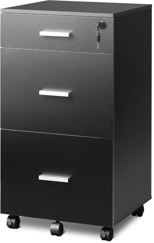 DEVAISE Rollcontainer mit 3 Schubladen, Mobiler Aktenschrank mit Rollen, Druckertisch für DIN A4/Legal/Letter, Schreibtisch Unterschrank für Büro und Home Office, Schwarz