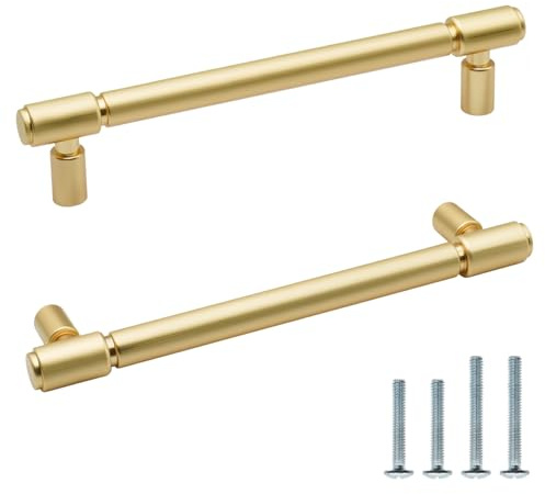 FURFITT 10 Pack Brushed Gold Cabinet Pulls 5 Inch/128mm Hole Center Brushed Brass Handles for Drawer Dresser Solid Zinc Alloy Kitchen Cupboard Bathroom Furniture Hardware