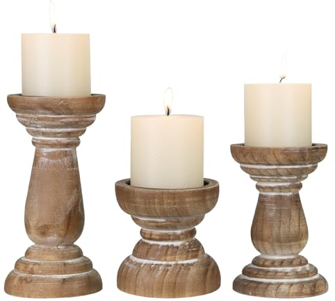 Candle Holder for Pillar Candle Set of 3, Farmhouse Wood Candle Holder, Rustic Wooden Candle Stand, Vintage Small Wooden Candlestick HoldersDecorative for Living Room, Table Centerpiece (Brown)